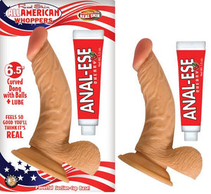 All American Whopper 6.5 Inches Curve Dong, Balls Beige + Anal Ese