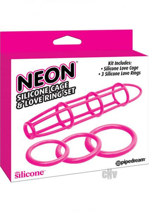 Neon Silicone Cage And Love Ring Set Pink