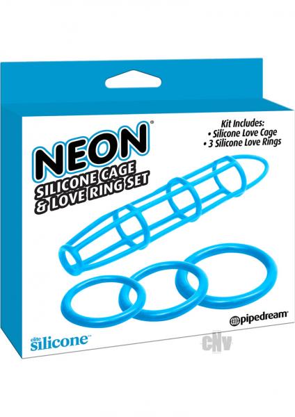 Neon Silicone Cage And Love Ring Set Blue