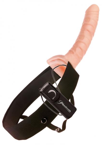 10" Vibrating Hollow Strap On Beige