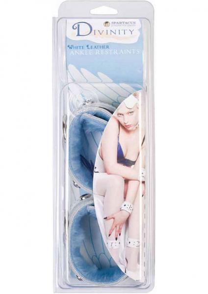 Divinity White Leather Ankle Restraints With Faux Fur