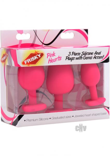 Pink Hearts 3 Piece Silicone Anal Plugs With Gems