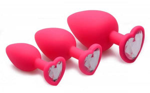 Pink Hearts 3 Piece Silicone Anal Plugs With Gems