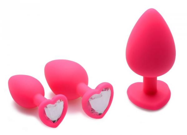 Pink Hearts 3 Piece Silicone Anal Plugs With Gems