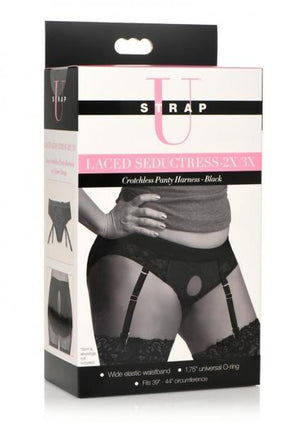 Strap U Laced Seductress Lace Crotchless Panty Harness W/Garter Straps 2xl/3xl Black