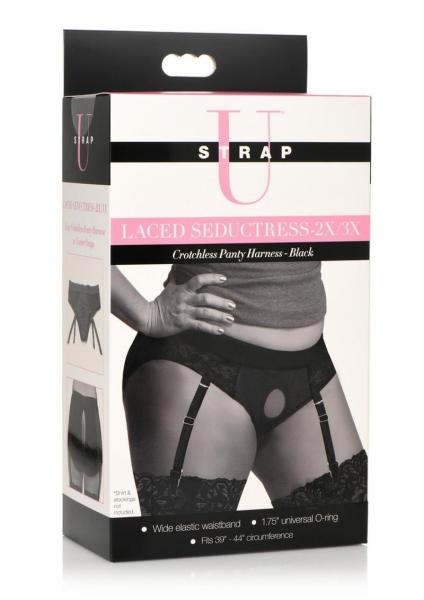Strap U Laced Seductress Lace Crotchless Panty Harness W/Garter Straps 2xl/3xl Black