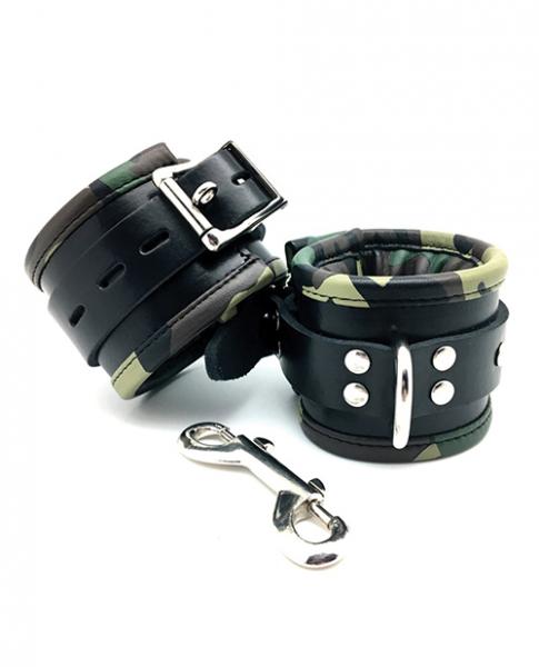 Sensual Sin Leather Padded Wrist Cuffs Camo Piping