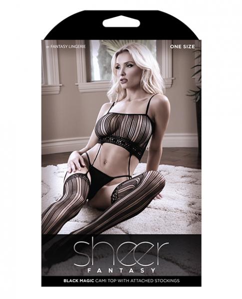 Black Magic Striped Gartered Bodystocking Black O/S