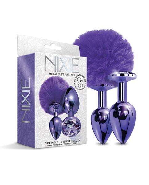 Nixie Metal Butt Plug Set W/Jewel Inlaid & Pom Pom Purple Metallic