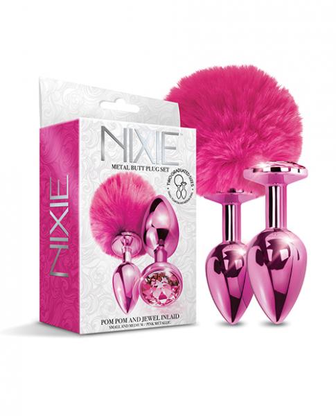 Nixie Metal Butt Plug Set W/Jewel Inlaid & Pom Pom Pink Metallic