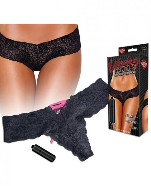 Hustler Vibrating Panties Lace Up Back Thong Black S/M