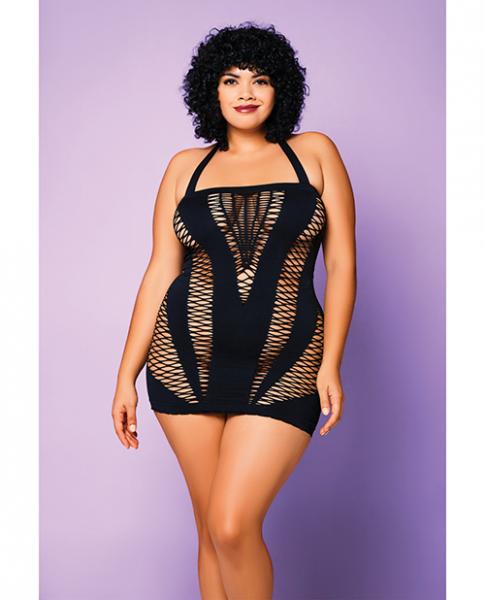 Heart Of Chaos Seamless Chemise W/Halter Strap & Vertical V Cut Outs Black Qn