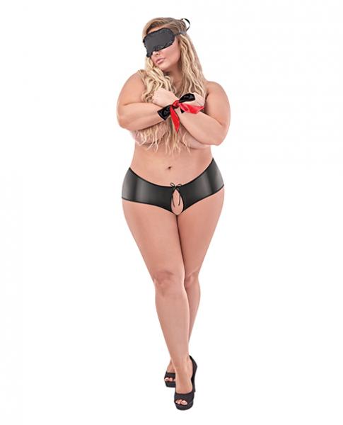 Love & Bondage Split Back Liquid Onyx Booth Short, Blindfold & Wrist Ties Black Qn