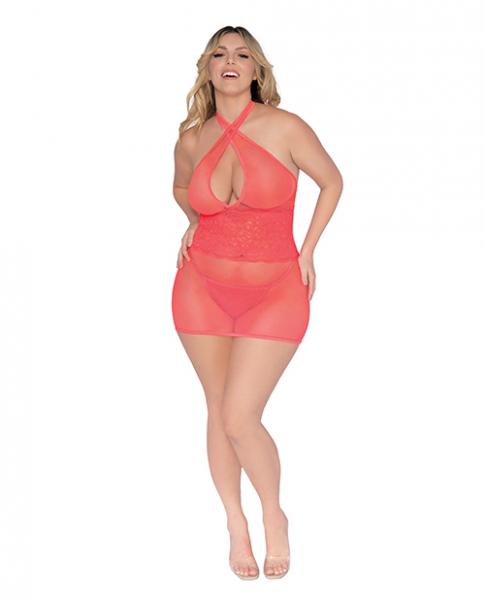 Simply Sexy Stretch Fishnet & Lace Chemise W/Open Back & G String Coral Qn