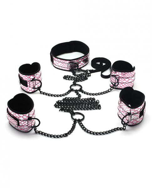 Spartacus Faux Leather Collar To Wrist & Ankle Restraints Bondage Kit W/Leash Pink