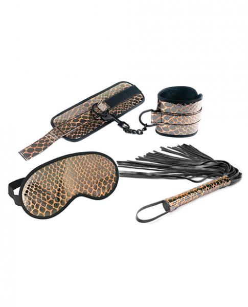 Spartacus Faux Leather Wrist Restraints Blindfold & Flogger Bondage Kit Gold