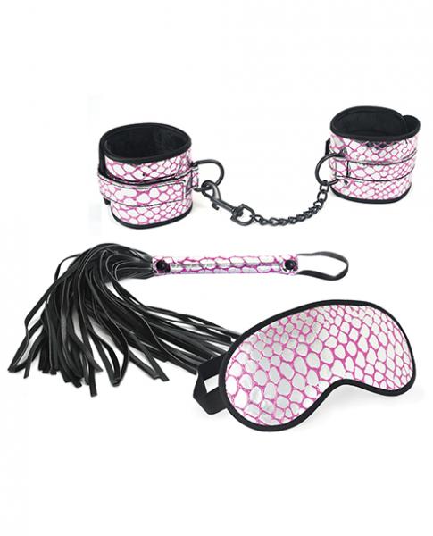 Spartacus Faux Leather Wrist Restraints Blindfold & Flogger Bondage Kit Pink