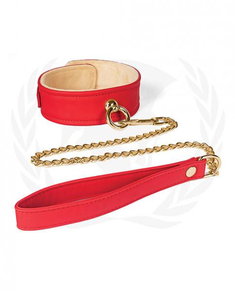 Spartacus Plush Lined Pu Collar & Chained Leash Red