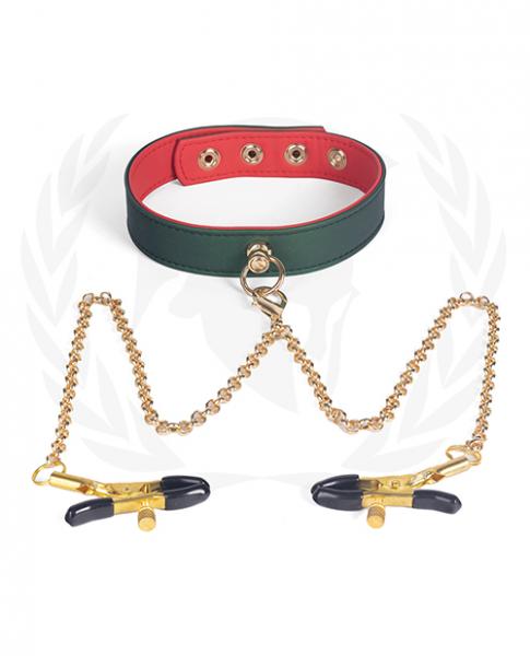 Spartacus Pu Collar W/Nipple Clamps Green