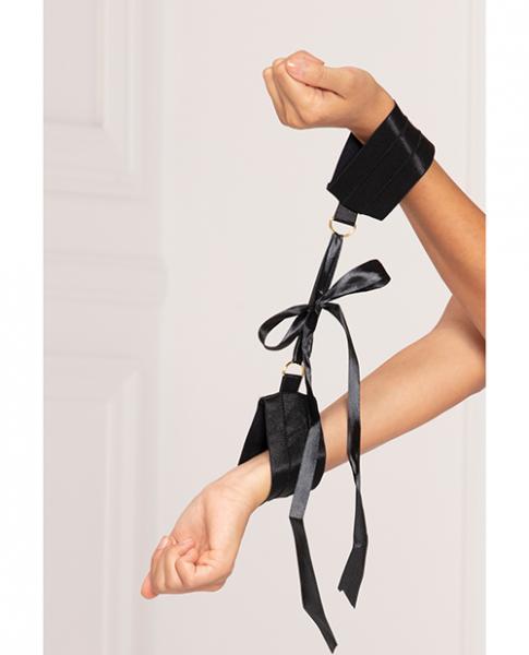 Satin Elastic Cuffs D Ring & Satin Ribbon Tie Black O/S