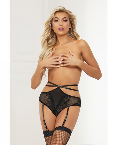 Stretch Lace High Waist Panty W/Double Straps & Garters Black Lg