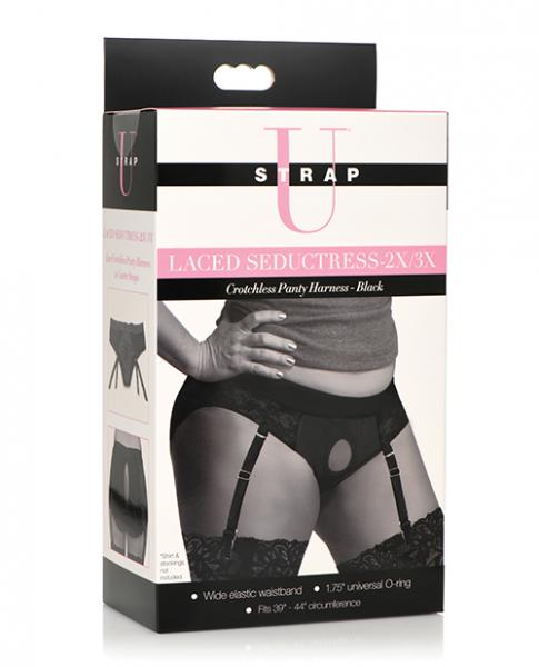 Strap U Laced Seductress Lace Crotchless Panty Harness W/Garter Straps 2xl/3xl Black