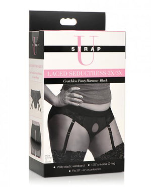 Strap U Laced Seductress Lace Crotchless Panty Harness W/Garter Straps 2xl/3xl Black