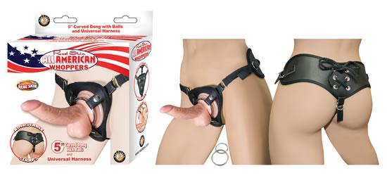 All American Whoppers 5 Inches Curved Dong Balls Beige & Universal Harness