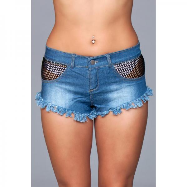 Denim Shorts With Fishnet Top Trimming Frindge Bottom Black Small