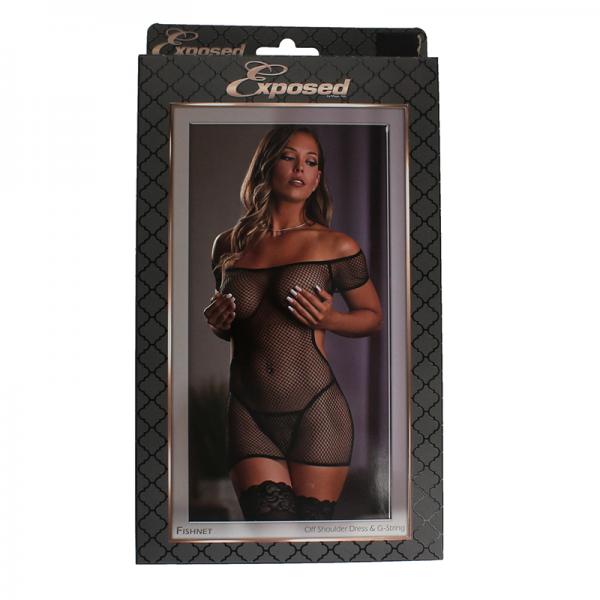 Fishnet Off Shoulder Dress &Gstrng Bk Sm