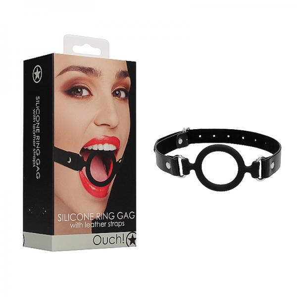 Ouch! Silicone Ring Gag With Leather Straps Black