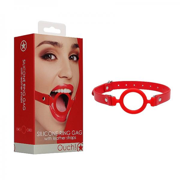 Ouch Silicone Ring Gag With Leather Straps Red