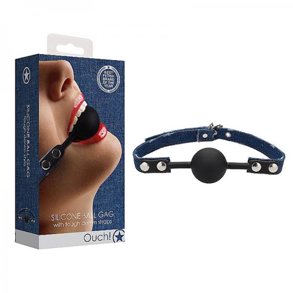 Ouch! Silicone Ball Gag With Roughened Denim Straps Blue