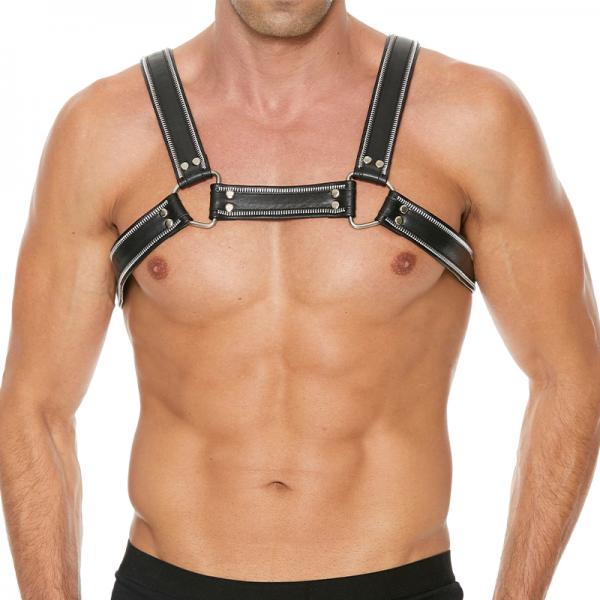 Premium Leather D Ring Zipper Bulldog Harness S/M Black