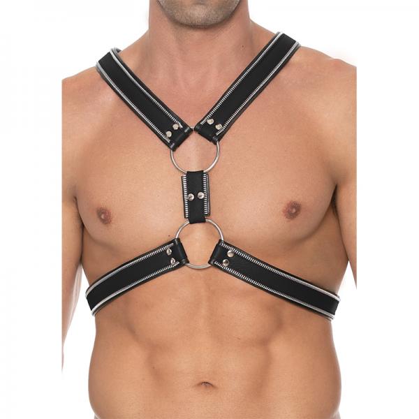 Premium Leather O Ring Zipper Series Bulldog Harness S/M Black