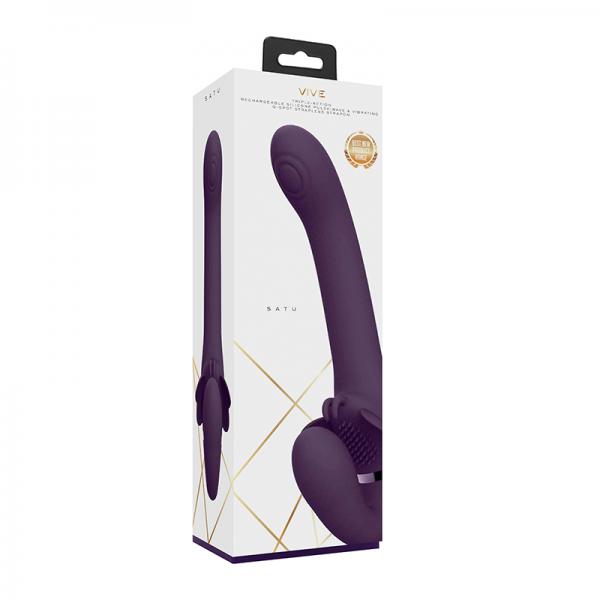 Vive Satu Rechargeable Pulse Wave Triple Motor Silicone Strapless Strap On Purple