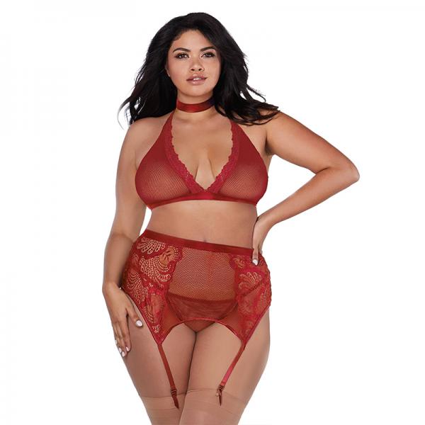 Dreamgirl Fishnet And Lace Four Piece Set With Stretch Velvet Trim Accents Garnet Queen