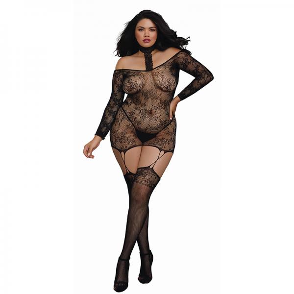 Dreamgirl Lace Patterned Knit Garter Dress With Faux Lace Up And Attached Stockings Black Queen