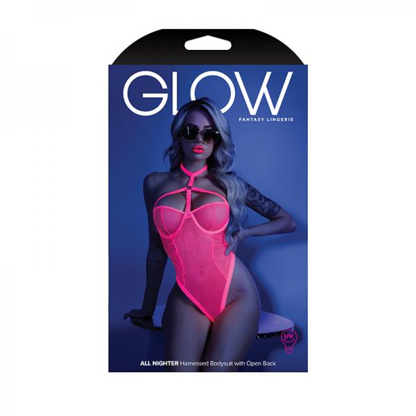 Glow All Nighter Harnessed Mesh Bodysuit Neon Pink M/L