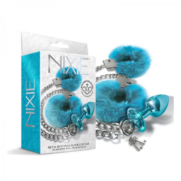 Nixie Metal Butt Plug & Furry Handcuff Set Mediumblue Metallic