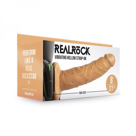 Shots Realrock 8" Vibrating Hollow Strap On W/O Balls Tan