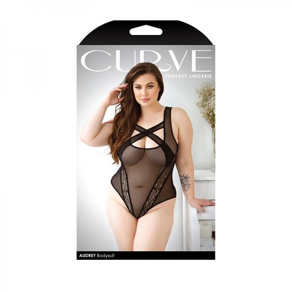 Curve Audrey Criss Cross Mesh Bodysuit With Lace Panel Detail And Snap Closure 1x/2x Black