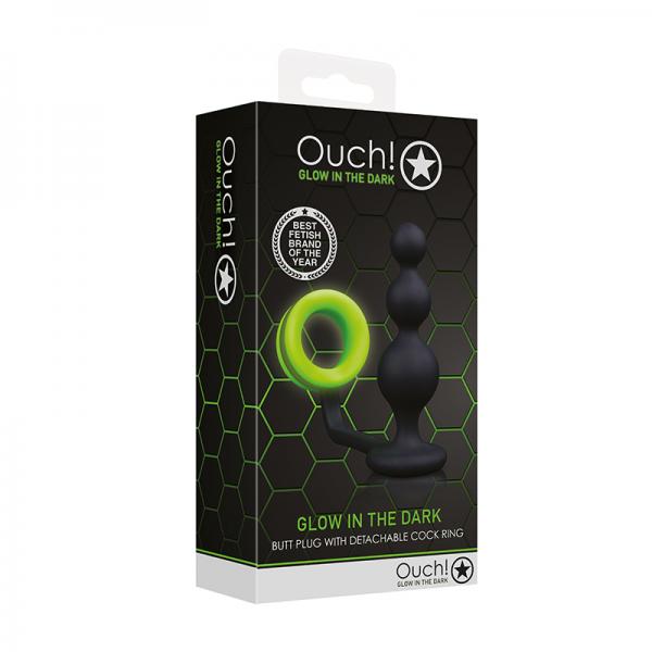 Ouch! Glow Beads Butt Plug With Cock Ring Glow In The Dark Green