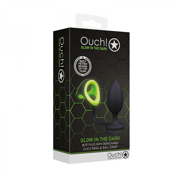 Ouch! Glow Butt Plug With Cock Ring & Ball Strap Glow In The Dark Green