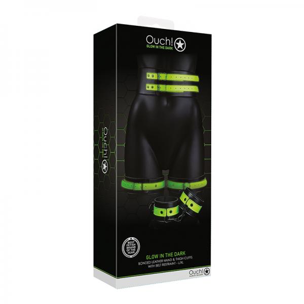 Ouch! Glow Thigh Cuffs, Hand Cuffs & Belt Glow In The Dark Green L/Xl