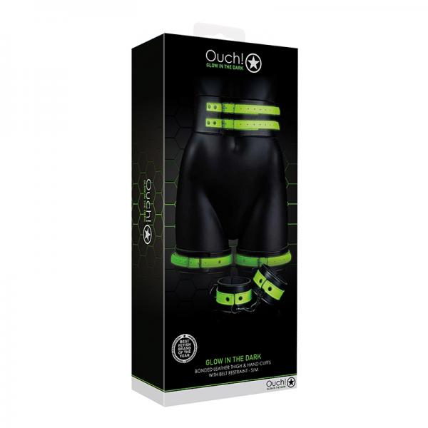 Ouch! Glow Thigh Cuffs, Hand Cuffs & Belt Glow In The Dark Green S/M