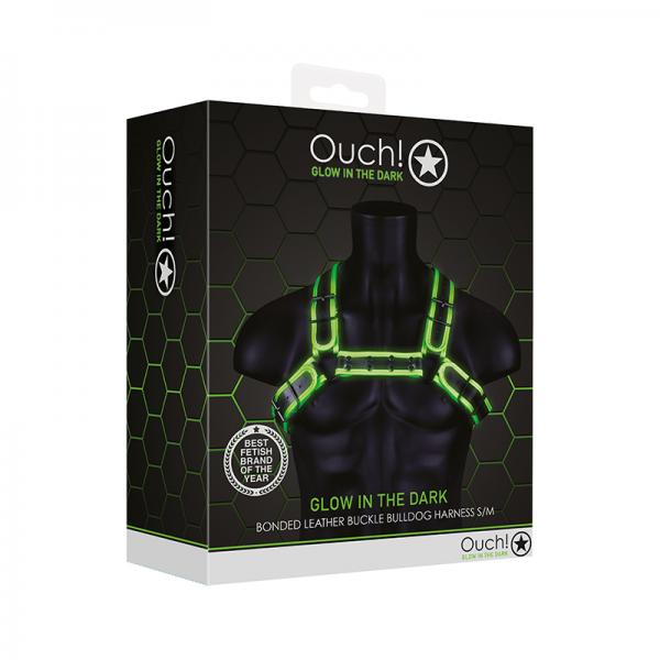 Ouch! Glow Buckle Bulldog Harness Glow In The Dark Green S/M