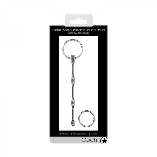 Ouch! Urethral Sounding Ribbed Plug With Ring 8 Mm