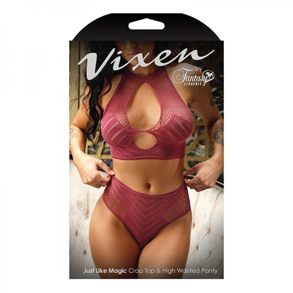 Vixen Just Like Magic 2 Piece Net Crop Top & High Waisted Panty Cranberry L/Xl