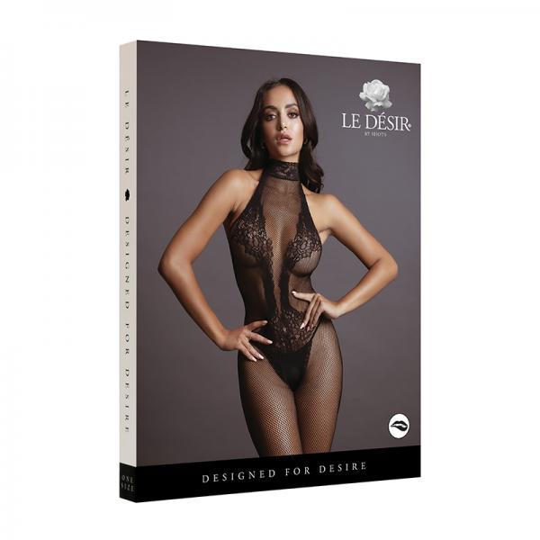 Shots Le Desir Fishnet & Lace High Neck Bodystocking Black O/S